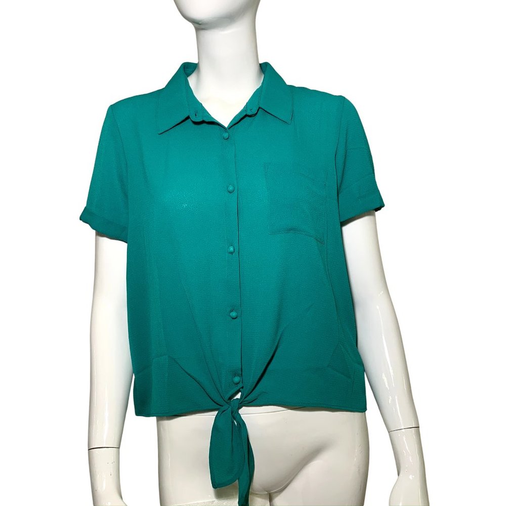 Emerald Green Front-Tie Short Sleeve Blouse